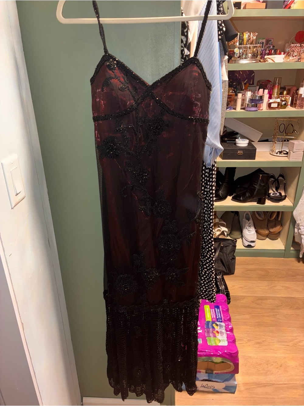 VINTAGE Y2K Beaded Black Overlay Burgundy Slip Dress